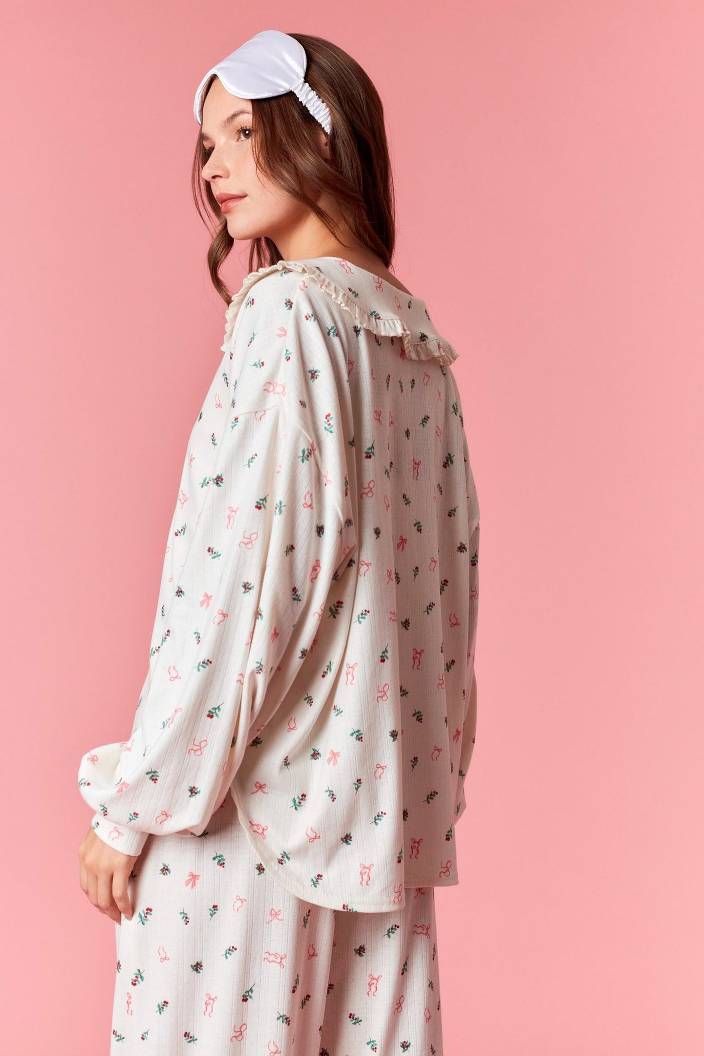 Christmas Pointelle Rib Ruffle Detail Pj Set - Cream