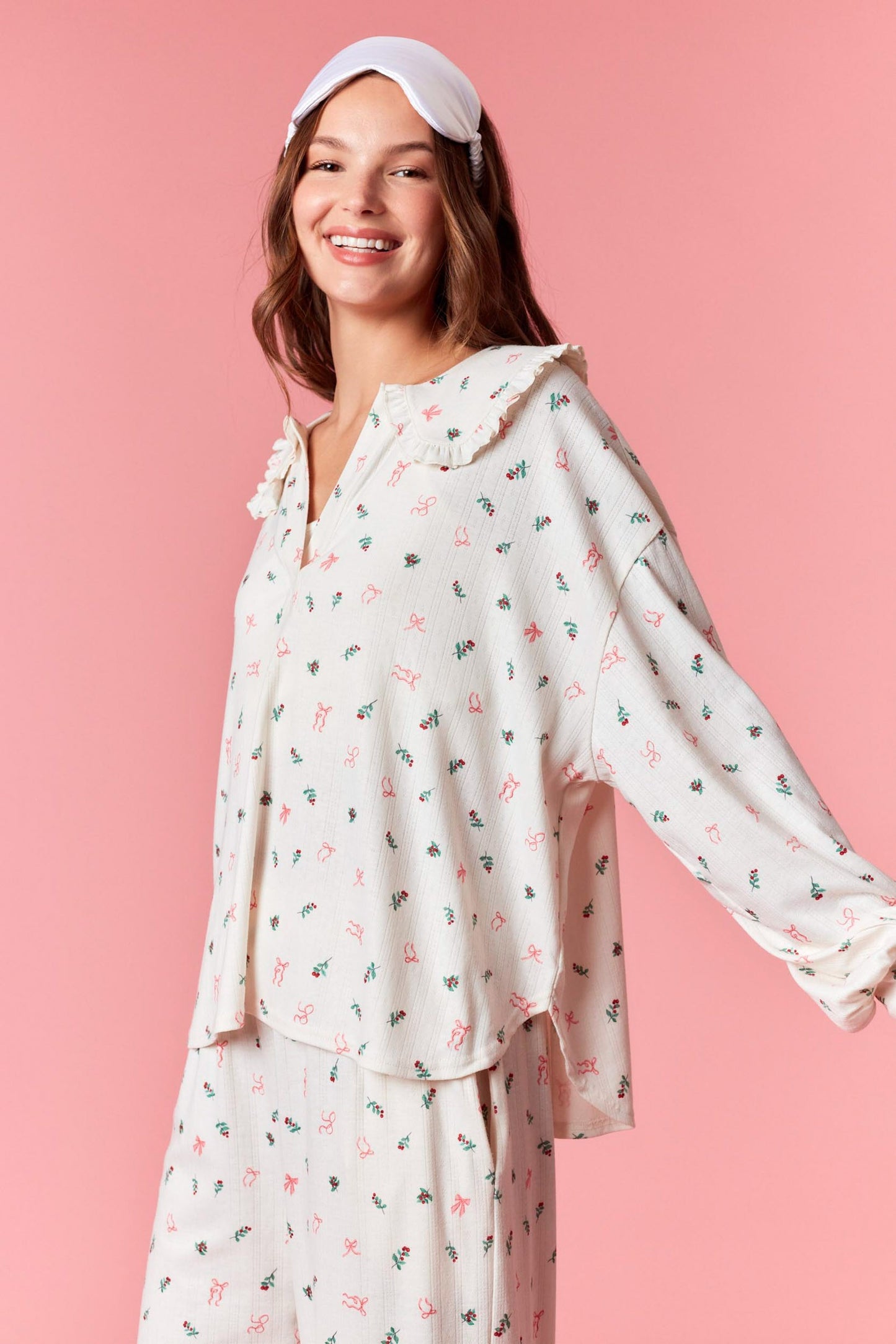 Christmas Pointelle Rib Ruffle Detail Pj Set - Cream