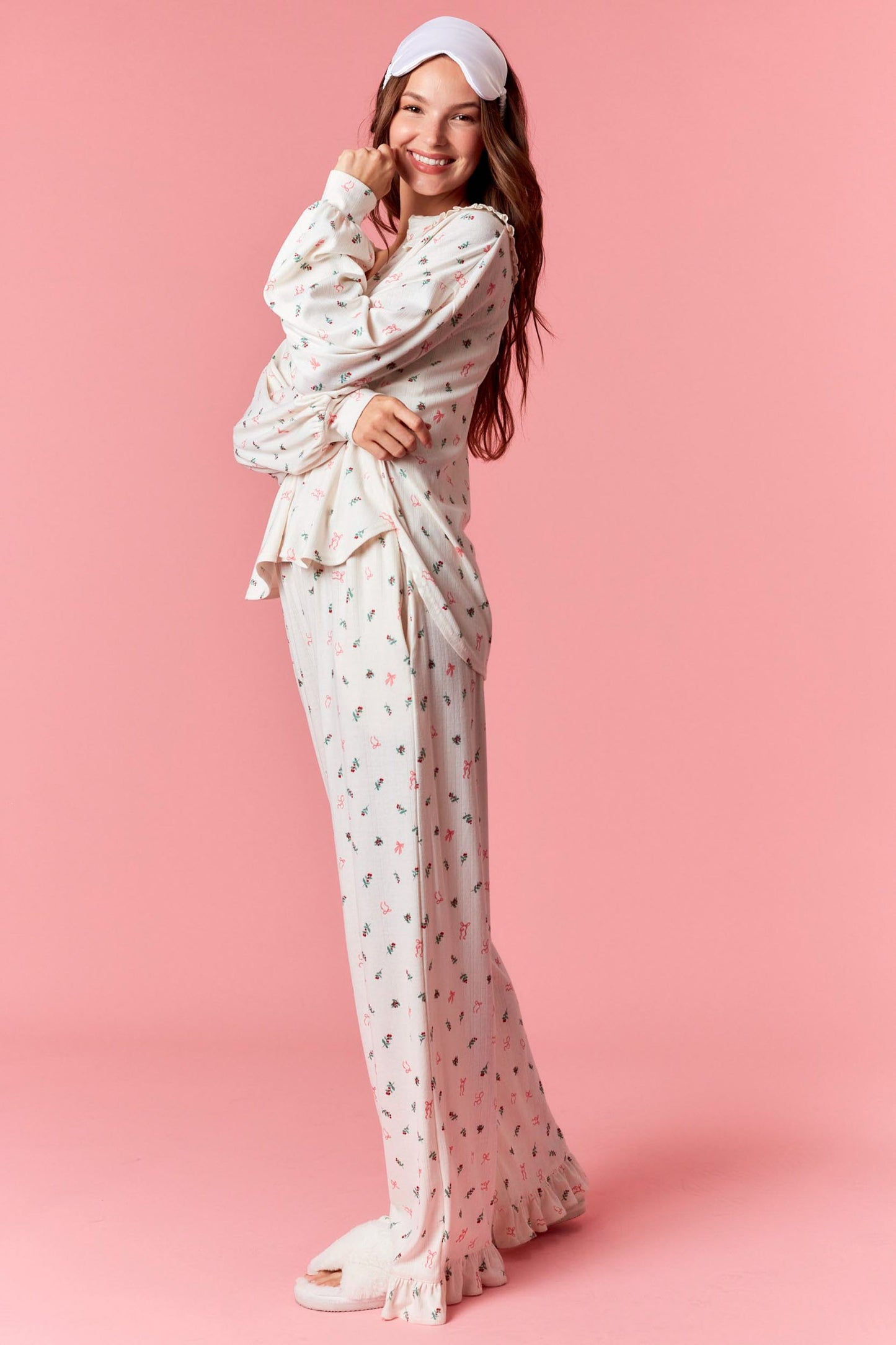 Christmas Pointelle Rib Ruffle Detail Pj Set - Cream