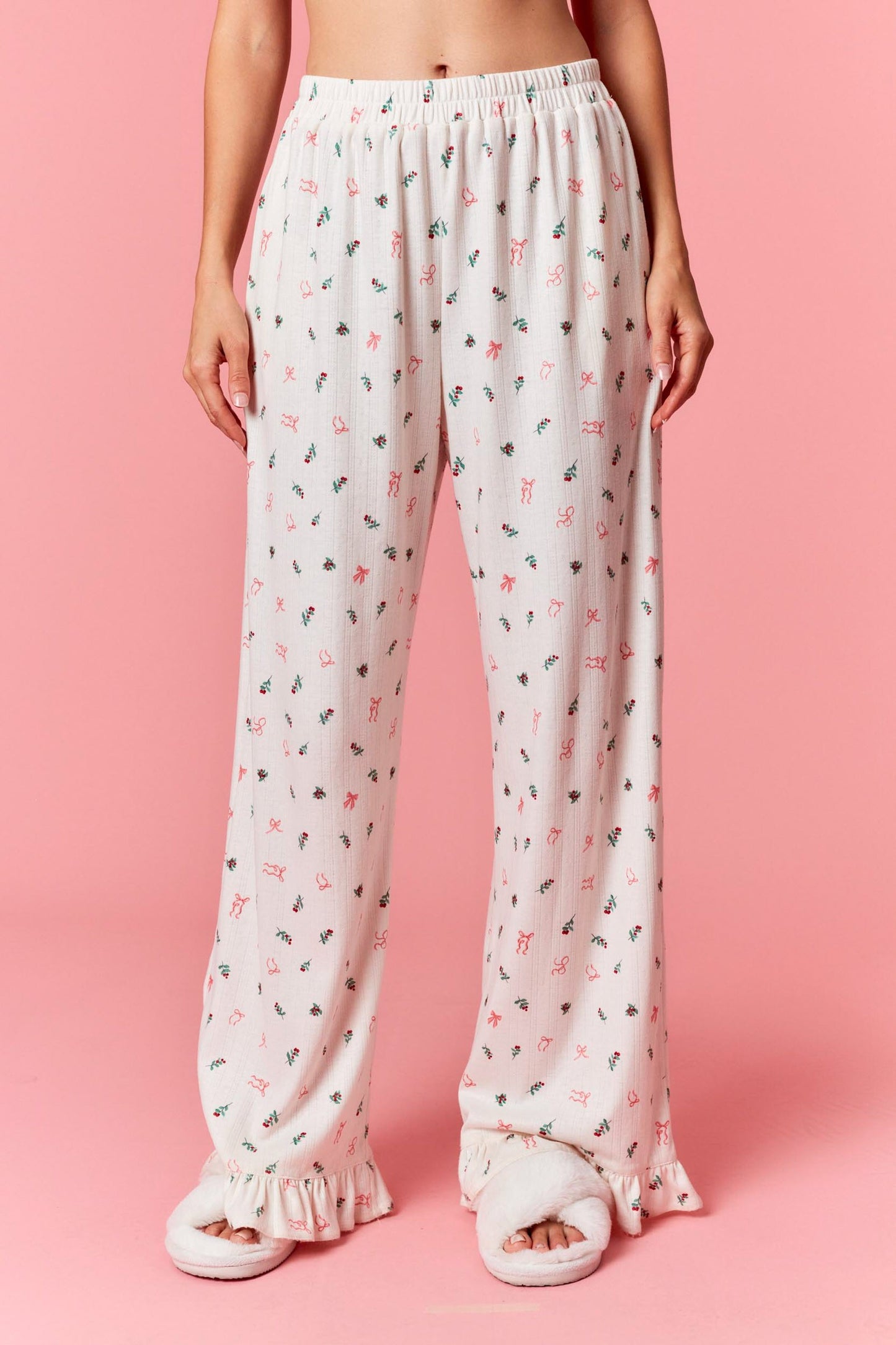 Christmas Pointelle Rib Ruffle Detail Pj Set - Cream