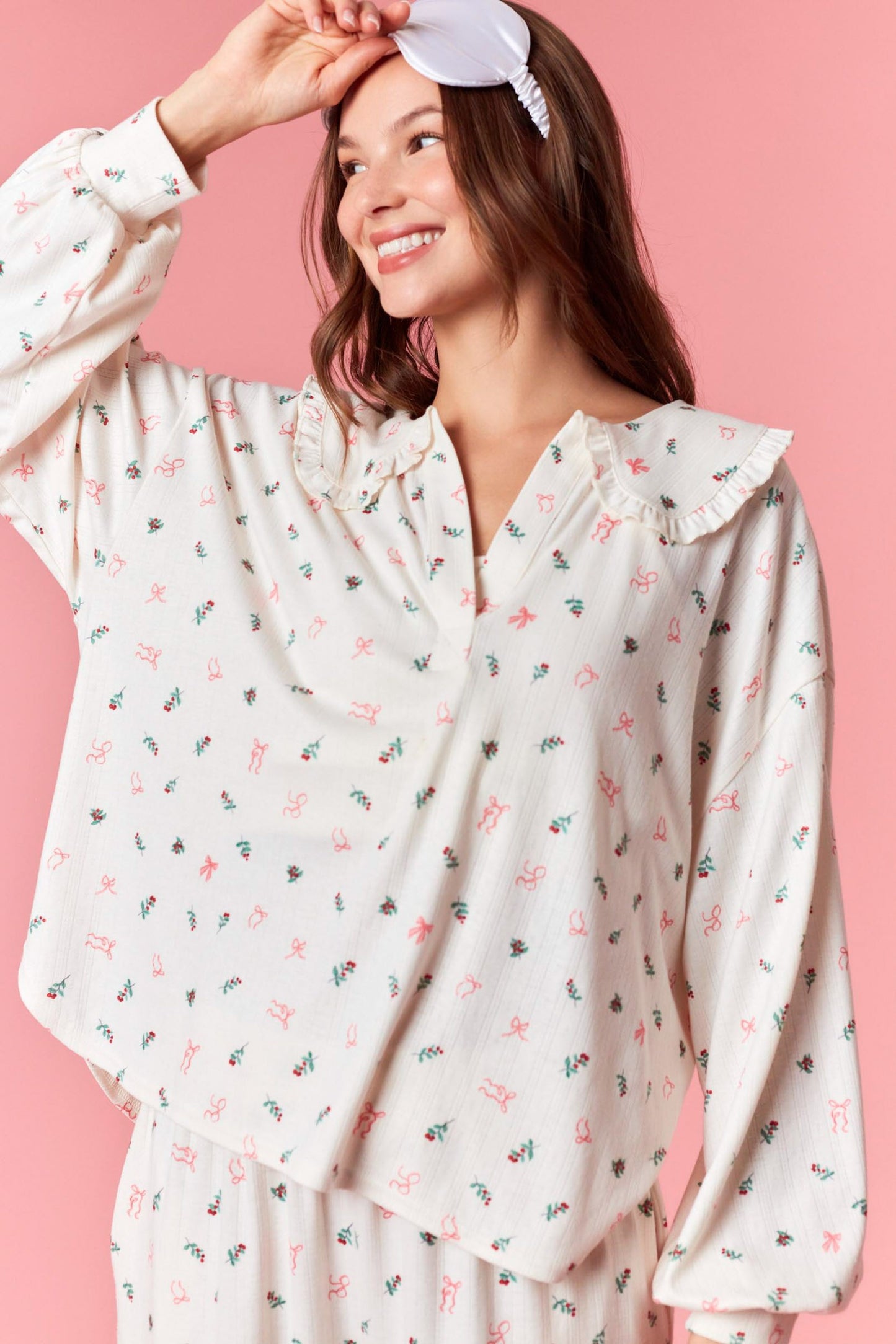 Christmas Pointelle Rib Ruffle Detail Pj Set - Cream