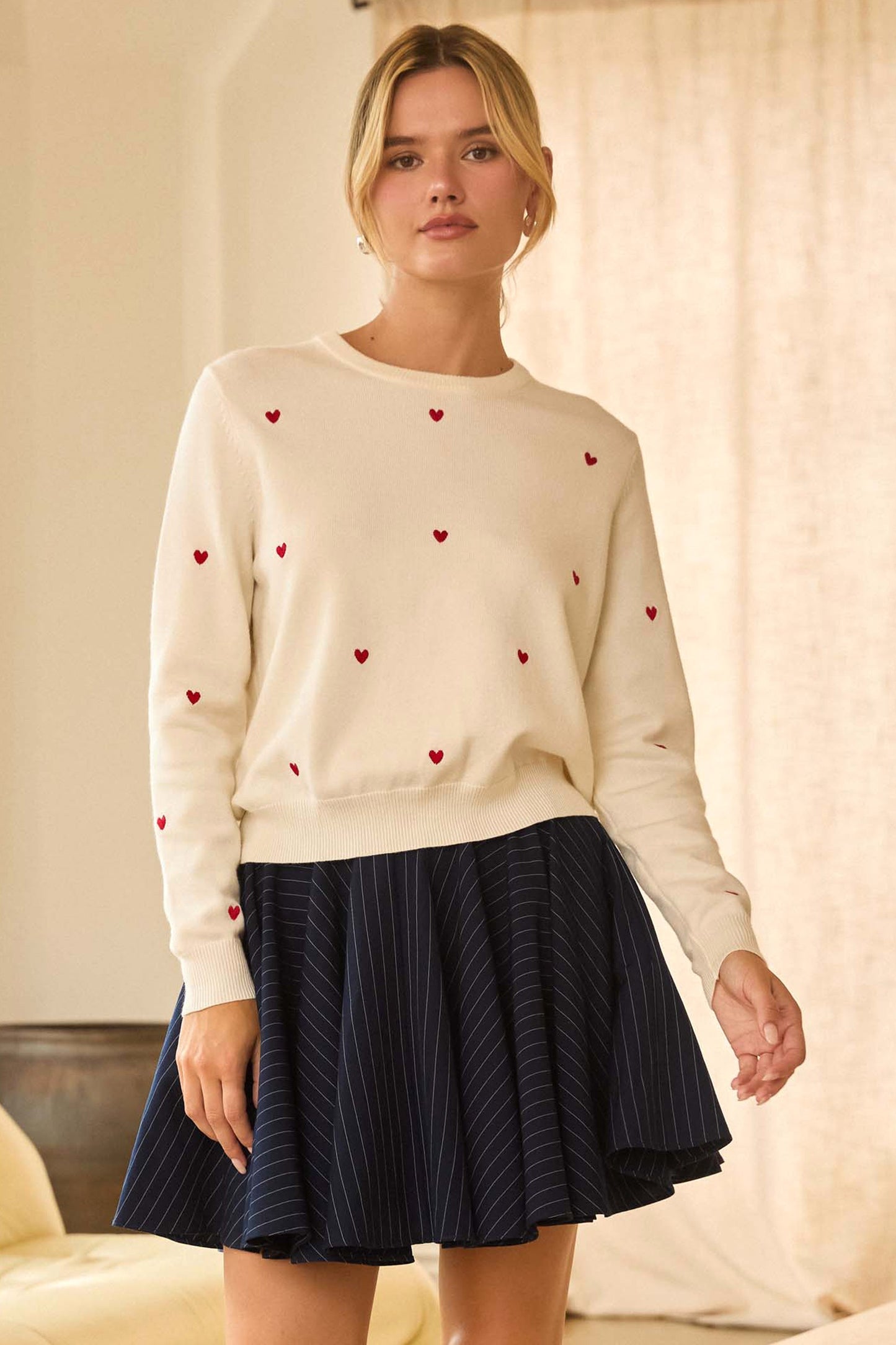 Heart Embroidery Sweater Top - White/Red