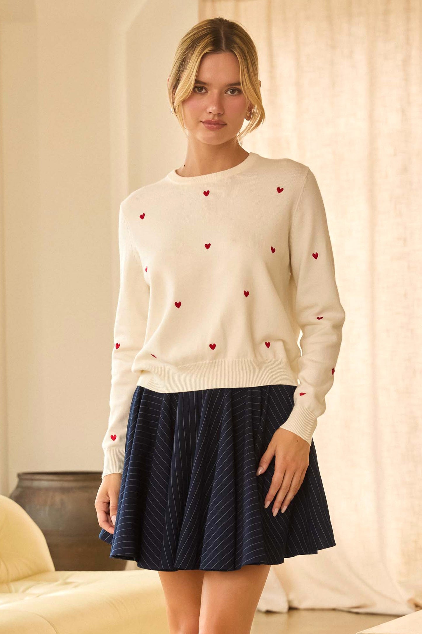 Heart Embroidery Sweater Top - White/Red
