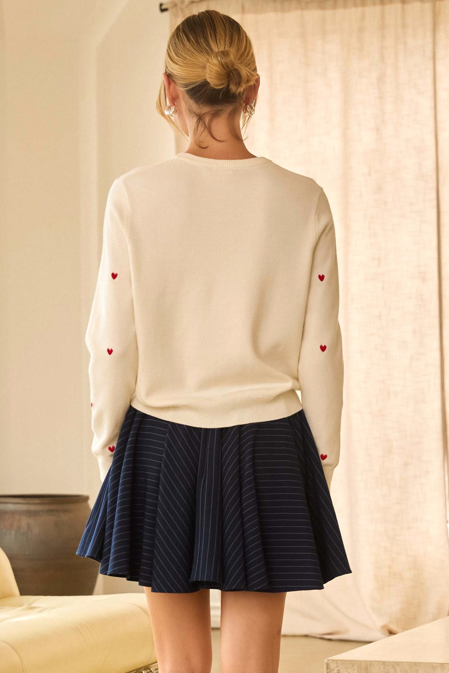 Heart Embroidery Sweater Top - White/Red