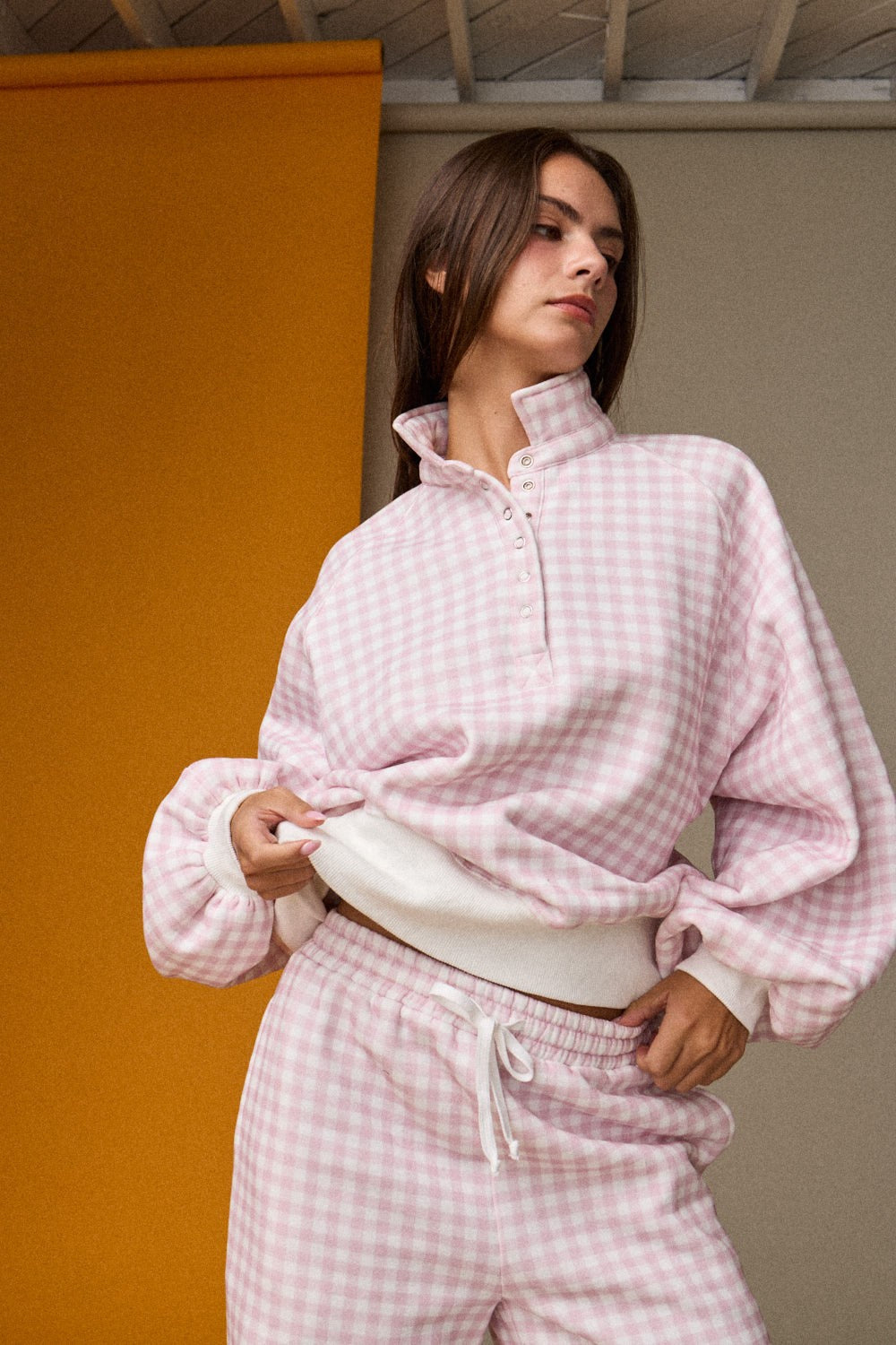 Gingham Quarter-snap Pullover - Pink/White