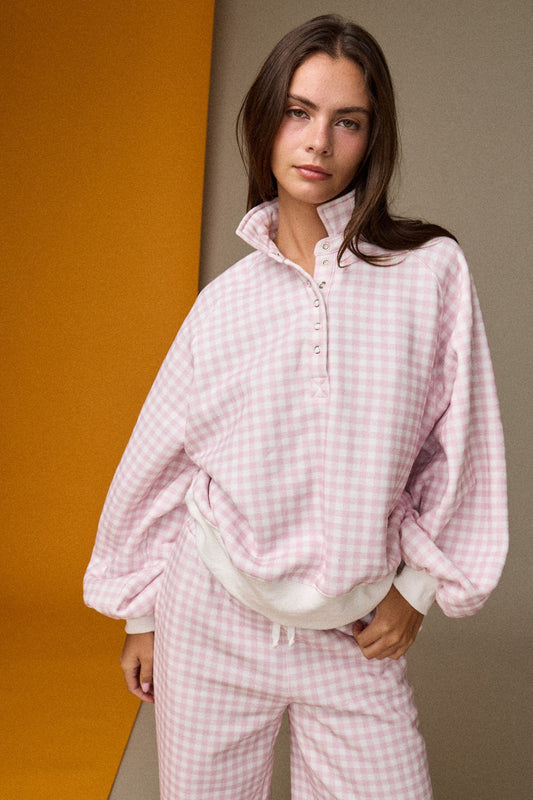Gingham Quarter-snap Pullover - Pink/White