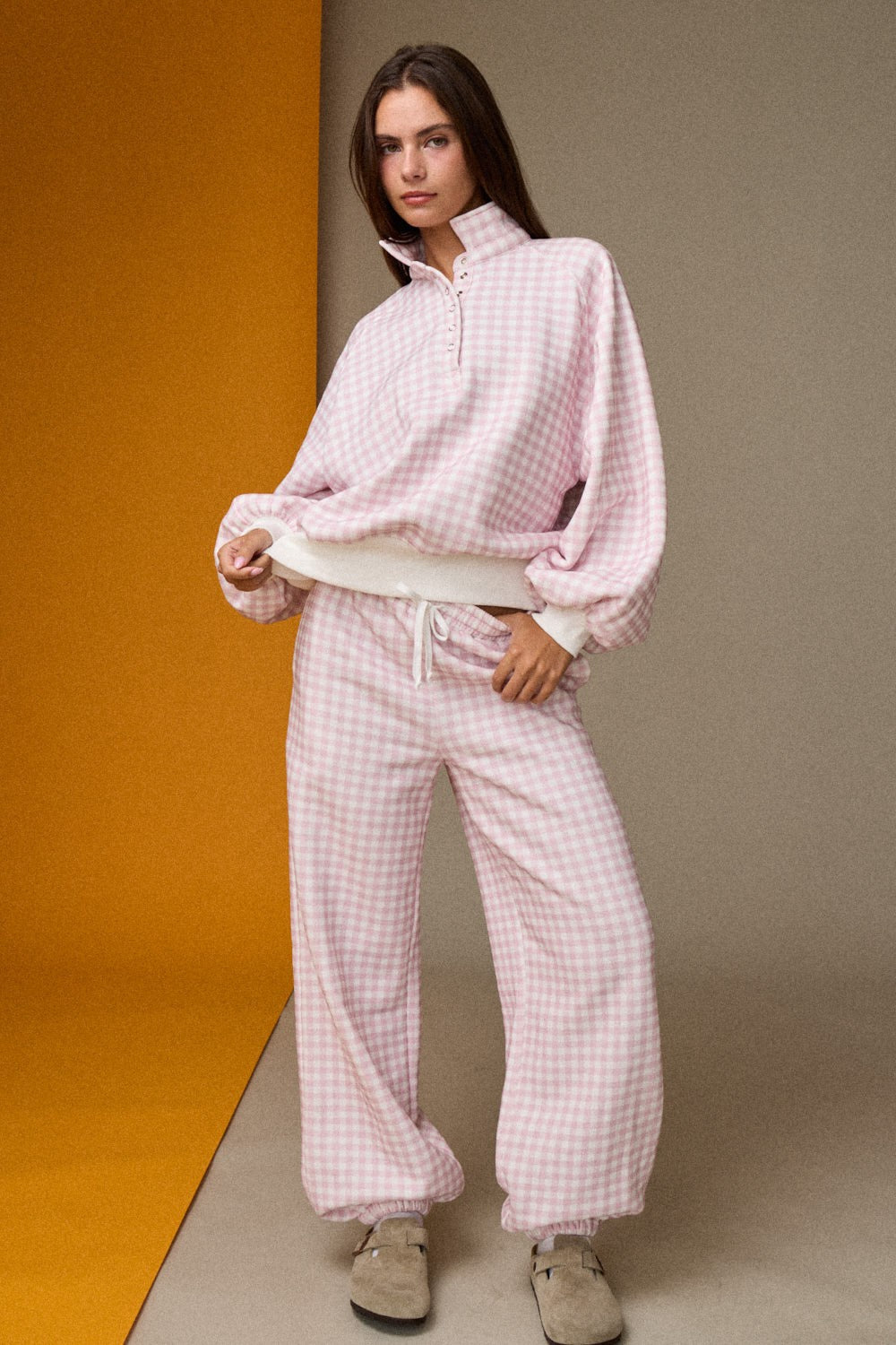 Gingham Drawstring Joggers - Pink/White