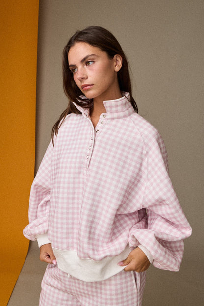 Gingham Quarter-snap Pullover - Pink/White