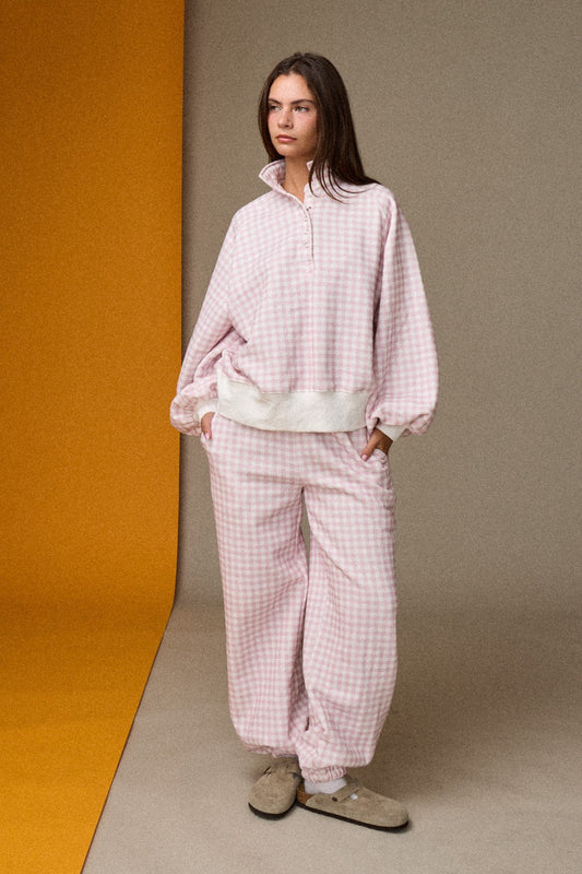 Gingham Drawstring Joggers - Pink/White