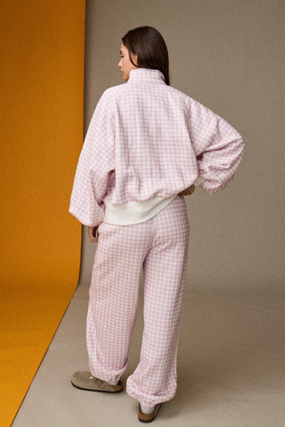 Gingham Quarter-snap Pullover - Pink/White