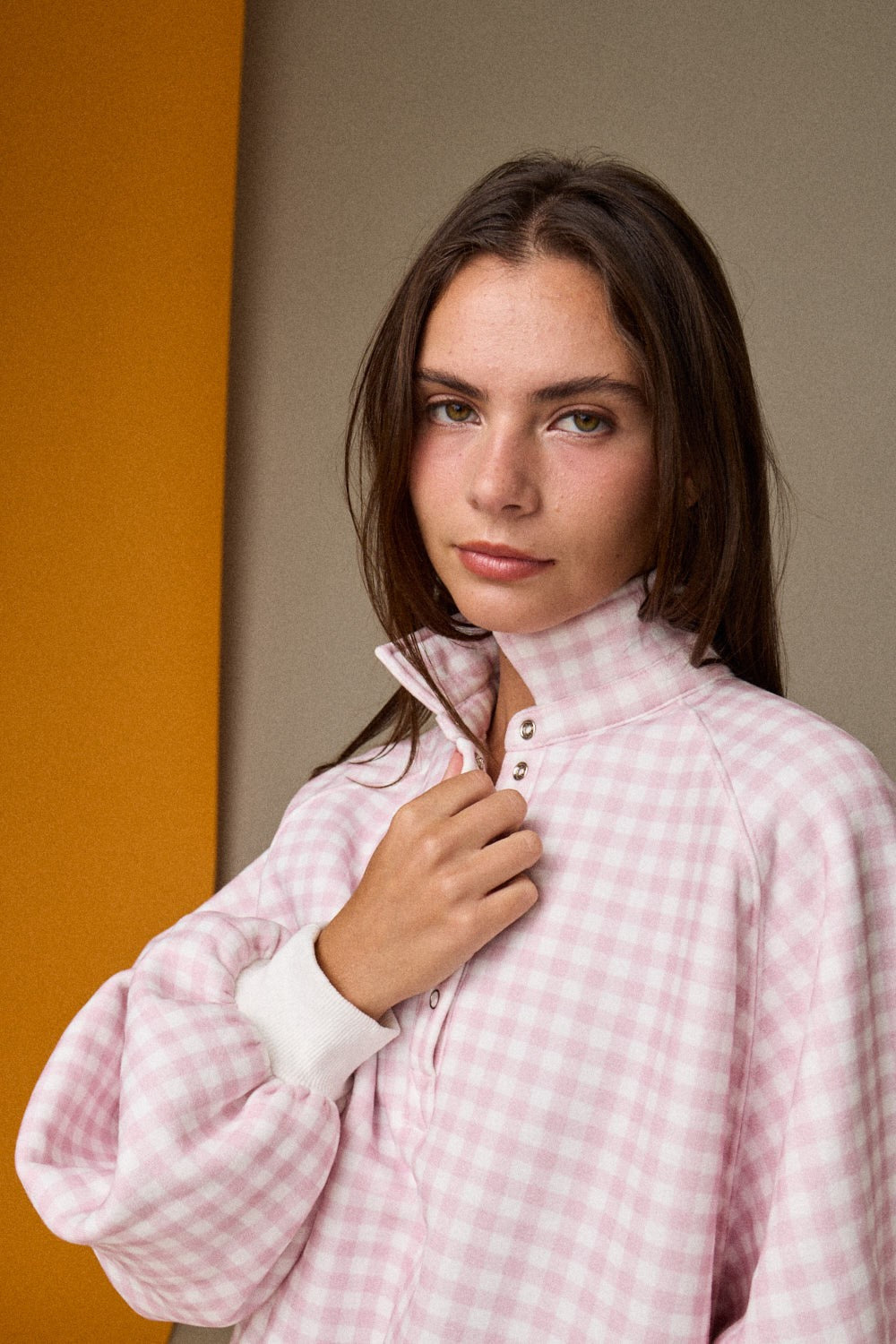 Gingham Quarter-snap Pullover - Pink/White