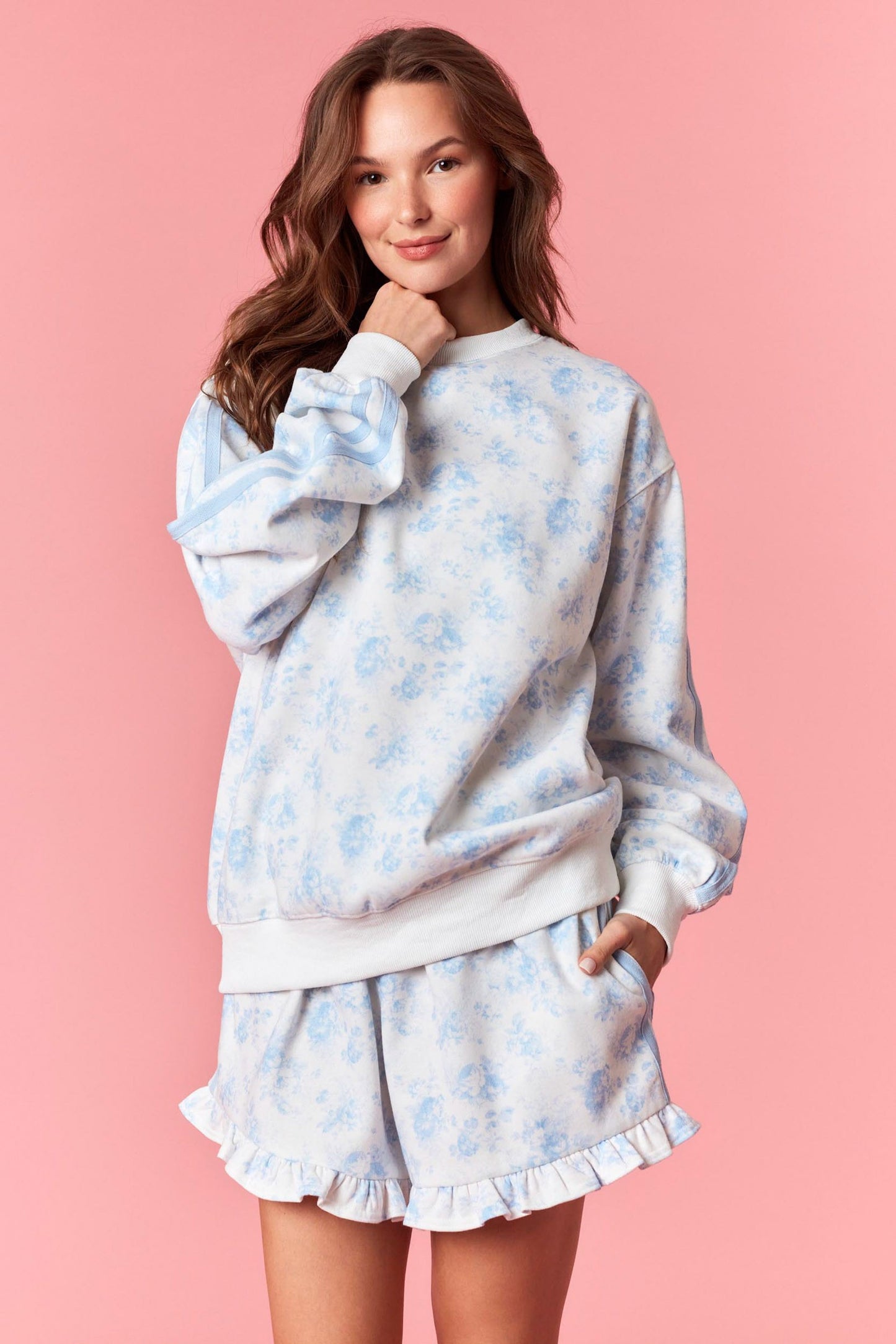 Floral French Terry Ruffle Shorts - Light Blue