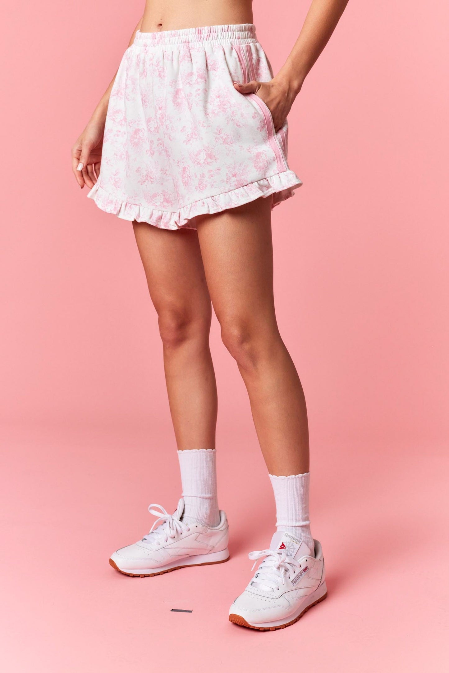 Floral French Terry Ruffle Shorts - Light Pink