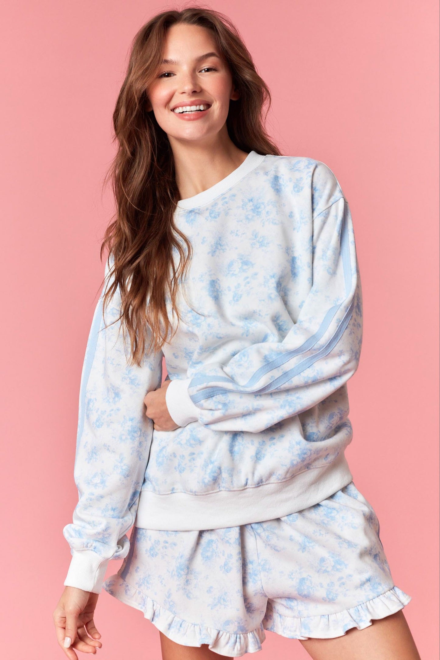 Floral French Terry Sweatshirt - Light Blue