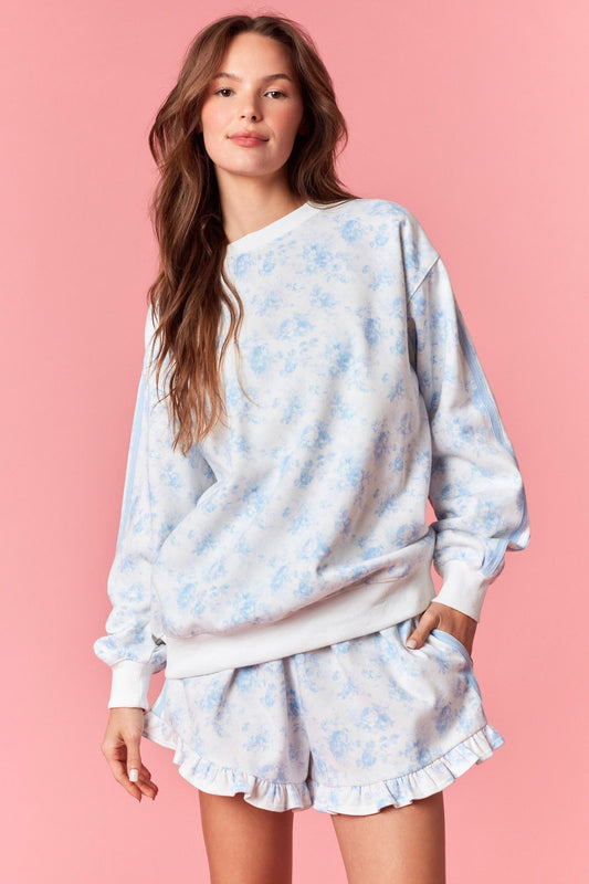 Floral French Terry Sweatshirt - Light Blue