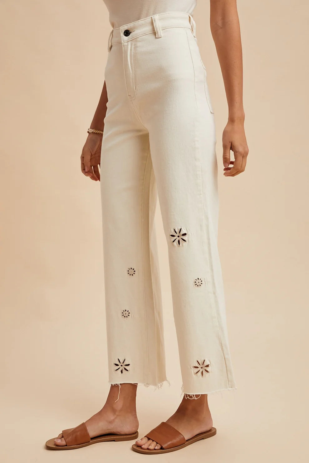 Eyelet Embroidery High Waisted Pants - Oatmeal