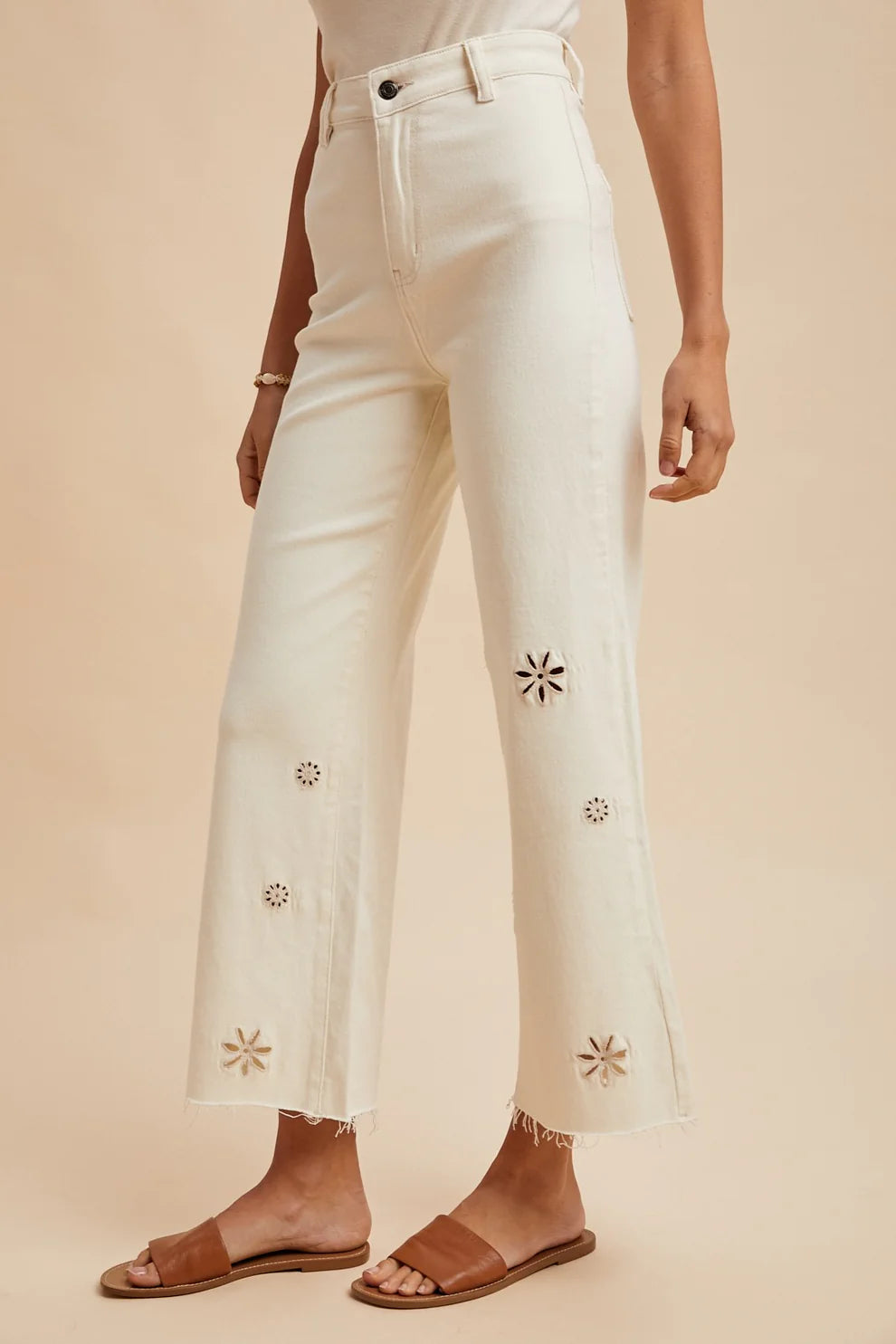 Eyelet Embroidery High Waisted Pants - Oatmeal