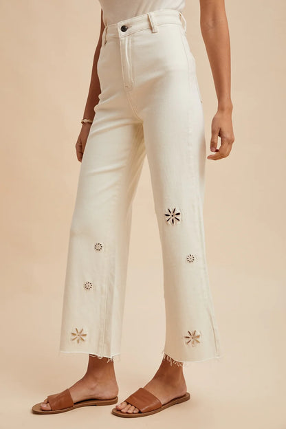 Eyelet Embroidery High Waisted Pants - Oatmeal