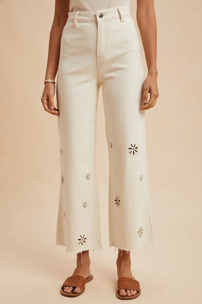 Eyelet Embroidery High Waisted Pants - Oatmeal