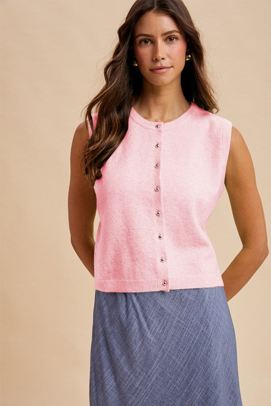Button Down Sweater Vest - Candy Pink