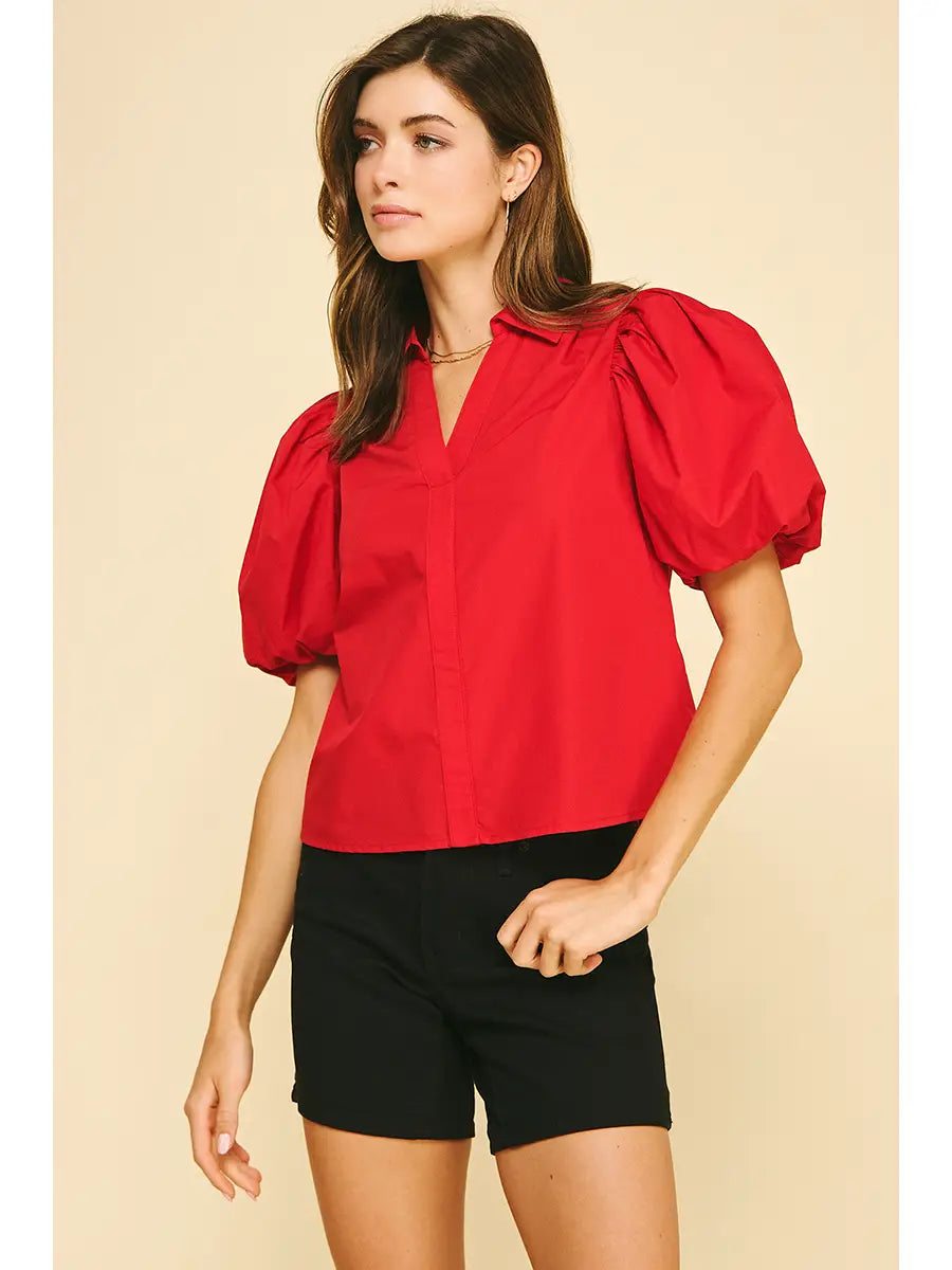 Bubble Sleeve Blouse Top - Fairy Red