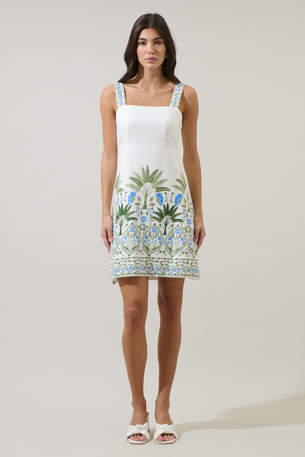 Senara Floral Sally Smocked Mini Dress - White/Green/Multi