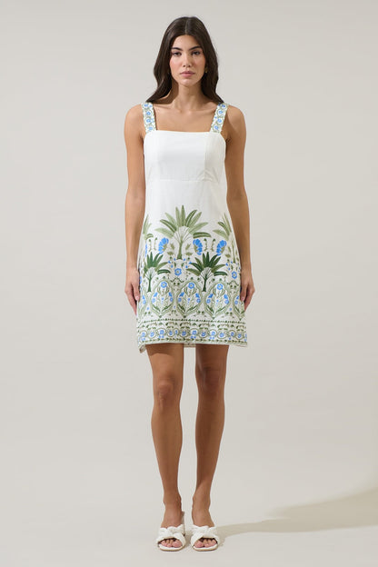 Senara Floral Sally Smocked Mini Dress - White/Green/Multi