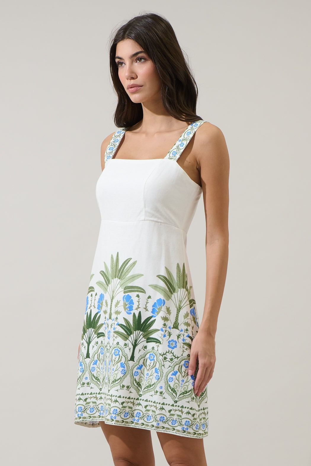Senara Floral Sally Smocked Mini Dress - White/Green/Multi