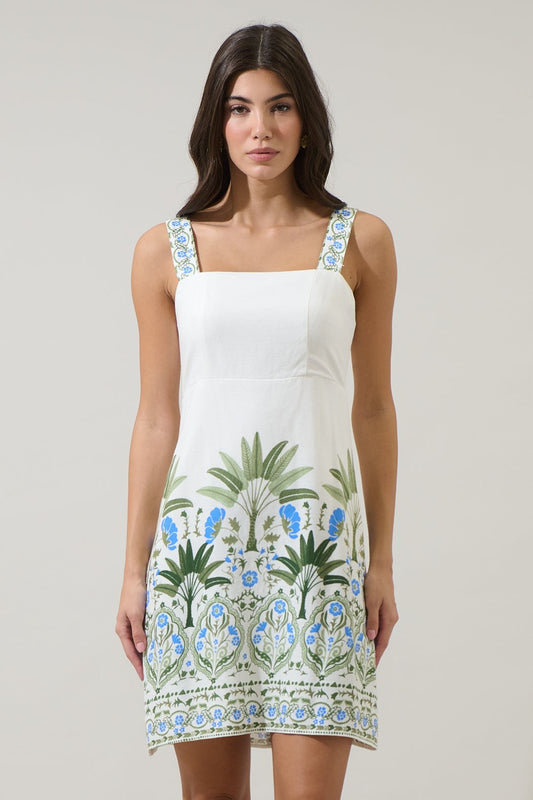 Senara Floral Sally Smocked Mini Dress - White/Green/Multi