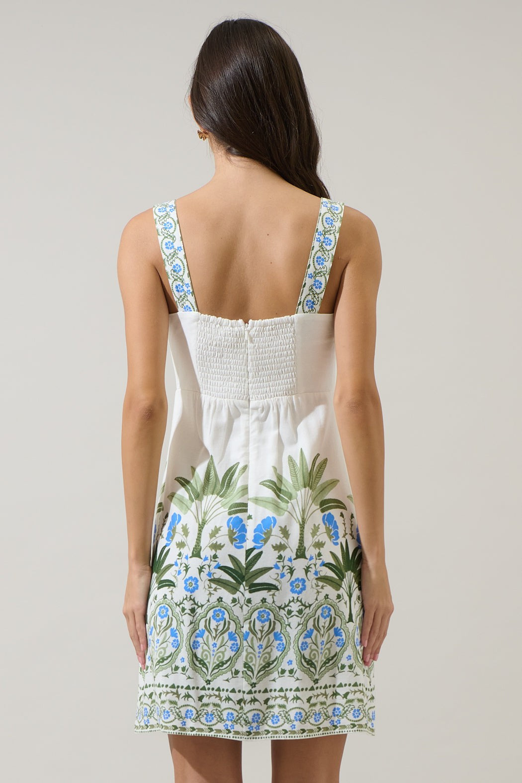 Senara Floral Sally Smocked Mini Dress - White/Green/Multi
