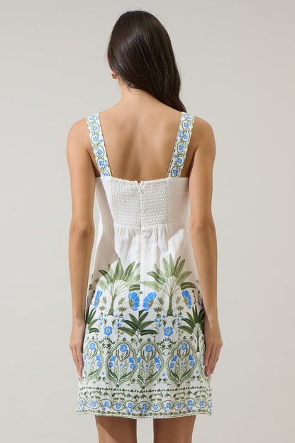 Senara Floral Sally Smocked Mini Dress - White/Green/Multi