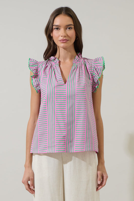 Valda Striped Jazzy Ruffle Top - Pink/Green/Multi
