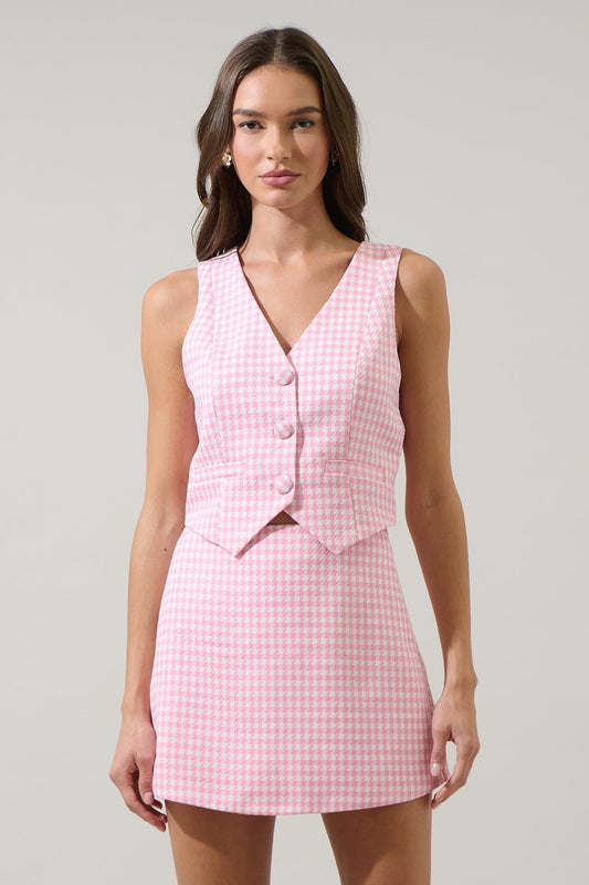 Kassy Checker Chelsea Button Up Vest - Pink