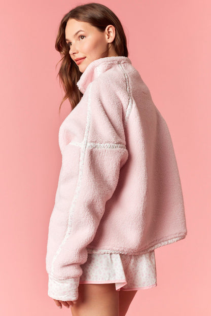 Fluffy Fleece Zip Jacket & Floral Print Shorts - Baby Pink