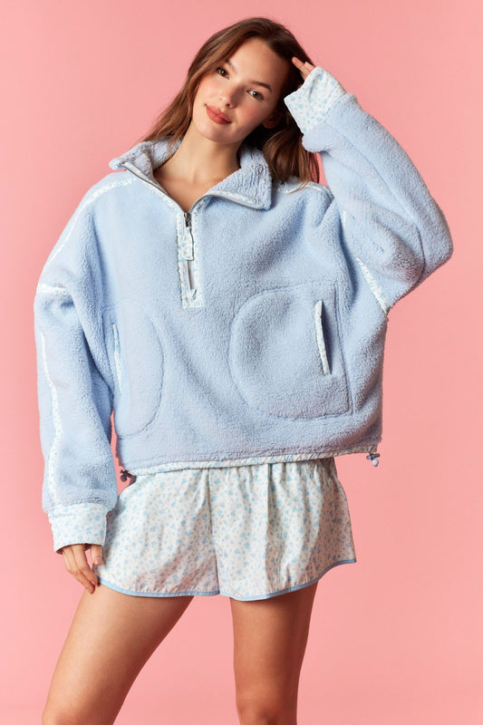 Fluffy Fleece Zip Jacket & Floral Print Shorts - Baby Blue