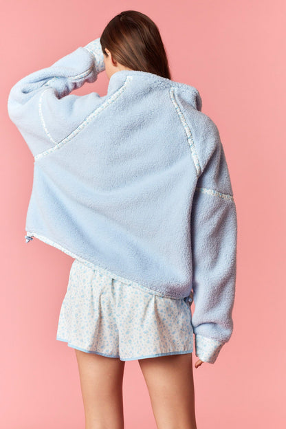 Fluffy Fleece Zip Jacket & Floral Print Shorts - Baby Blue