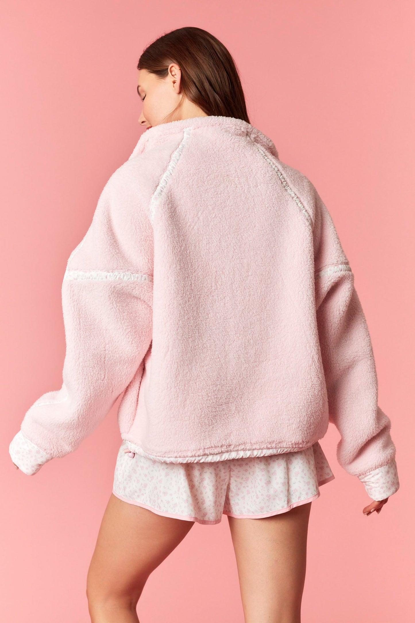 Fluffy Fleece Zip Jacket & Floral Print Shorts - Baby Pink
