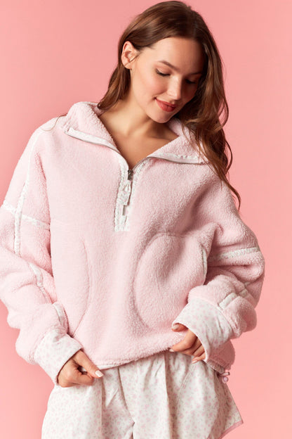 Fluffy Fleece Zip Jacket & Floral Print Shorts - Baby Pink