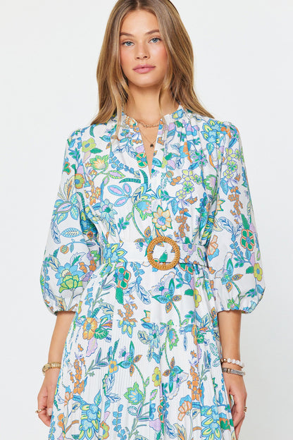 Floral Paisley Pleated Midi Dress - Multi