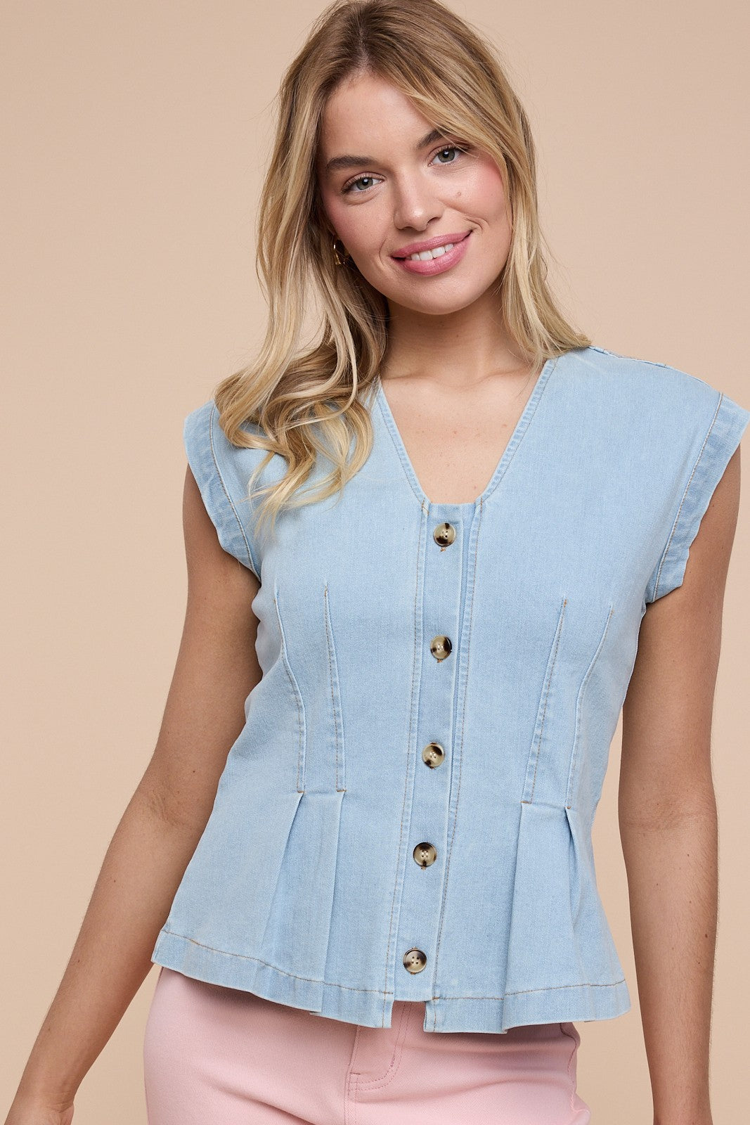 Stretch Denim Pleated Button Down Blouse Top - Light Denim
