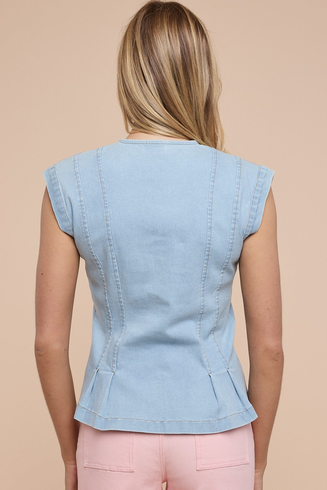 Stretch Denim Pleated Button Down Blouse Top - Light Denim