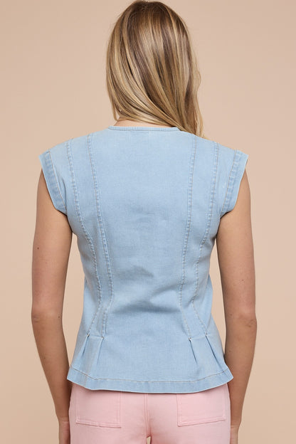 Stretch Denim Pleated Button Down Blouse Top - Light Denim