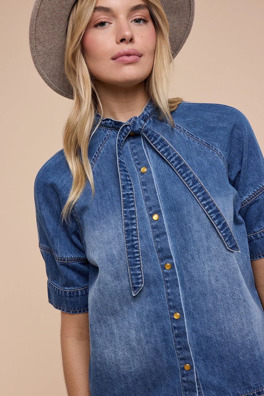 Tie-Neck Button Down Boxy Shirt - Washed Denim