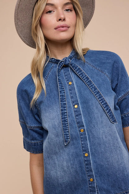Tie-Neck Button Down Boxy Shirt - Washed Denim