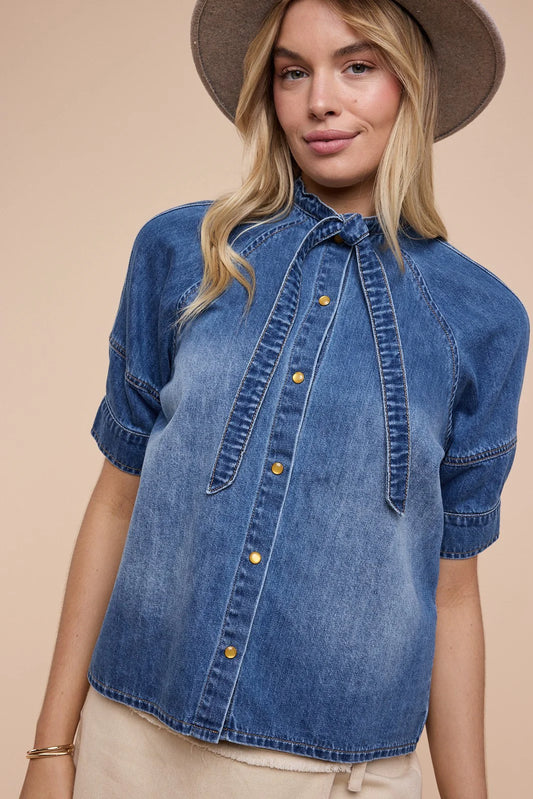 Tie-Neck Button Down Boxy Shirt - Washed Denim