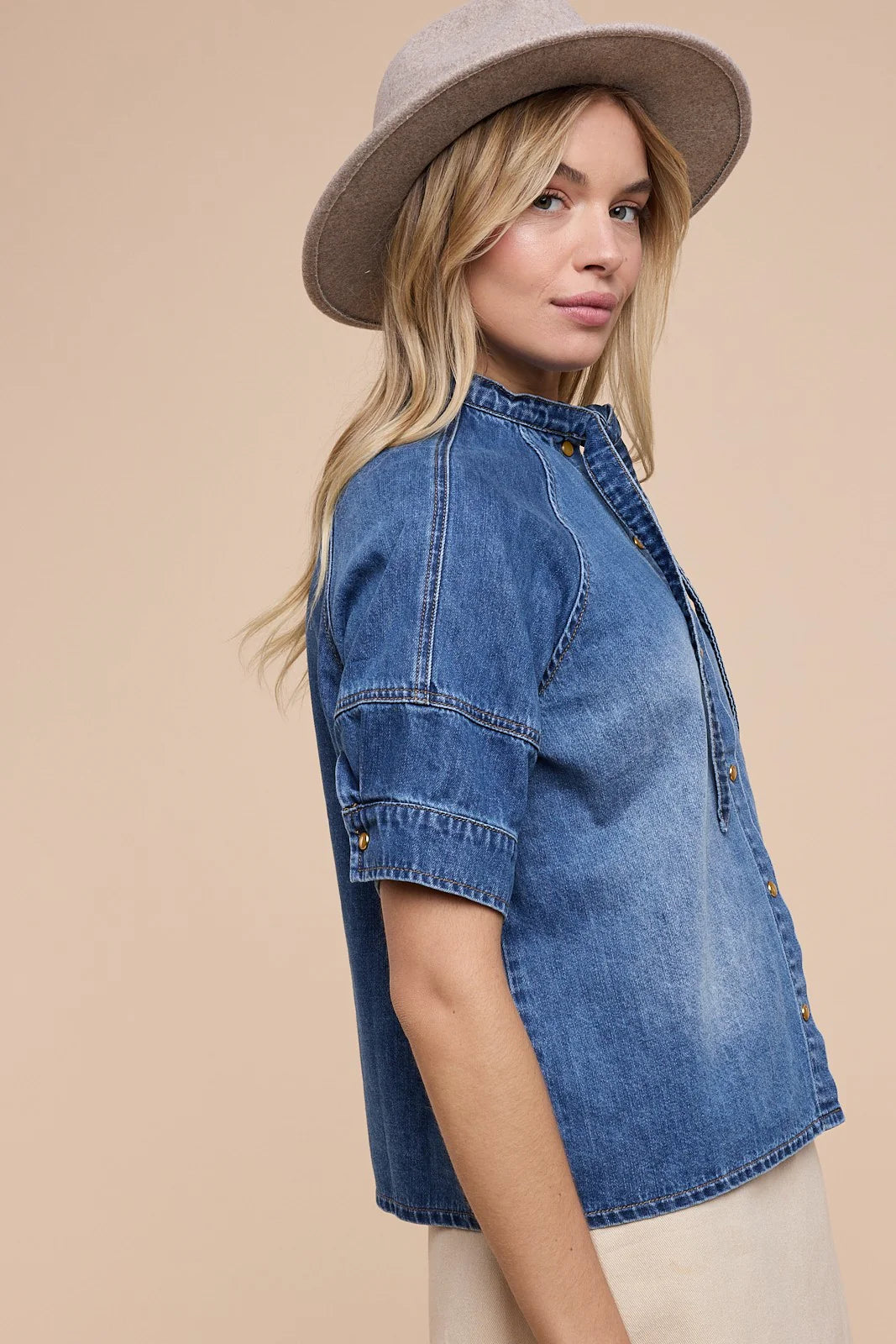 Tie-Neck Button Down Boxy Shirt - Washed Denim