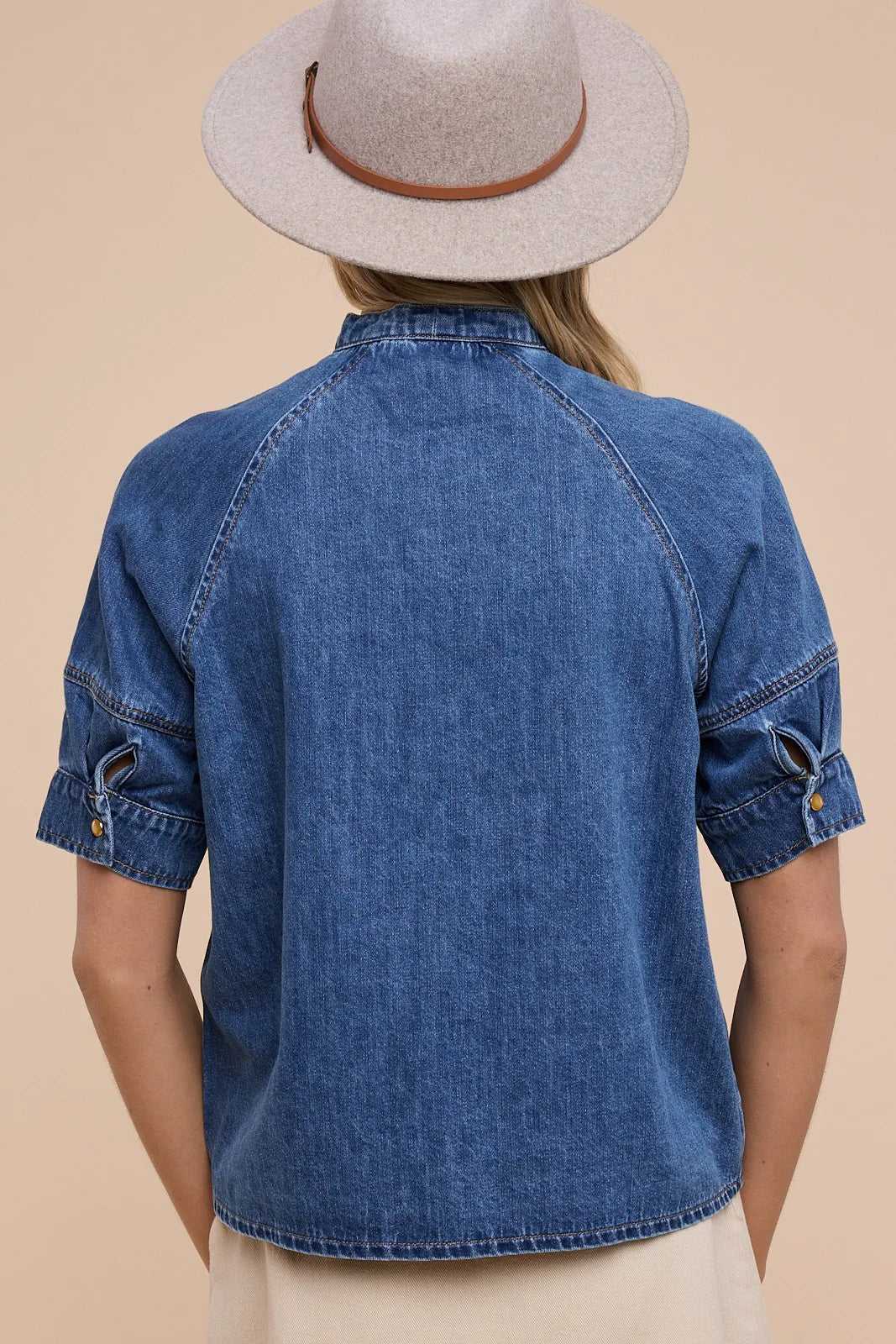 Tie-Neck Button Down Boxy Shirt - Washed Denim
