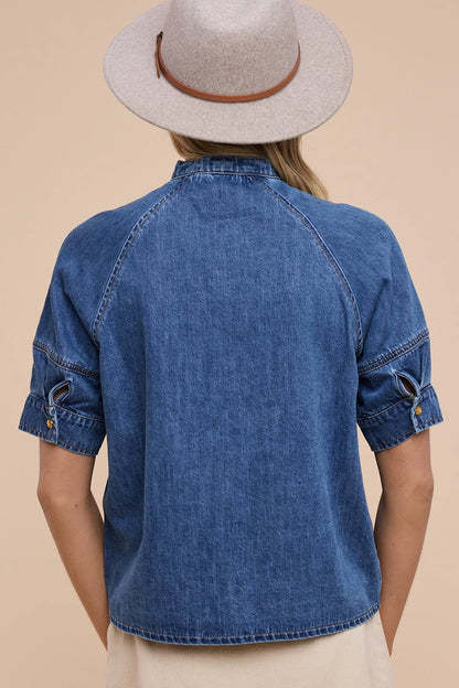 Tie-Neck Button Down Boxy Shirt - Washed Denim
