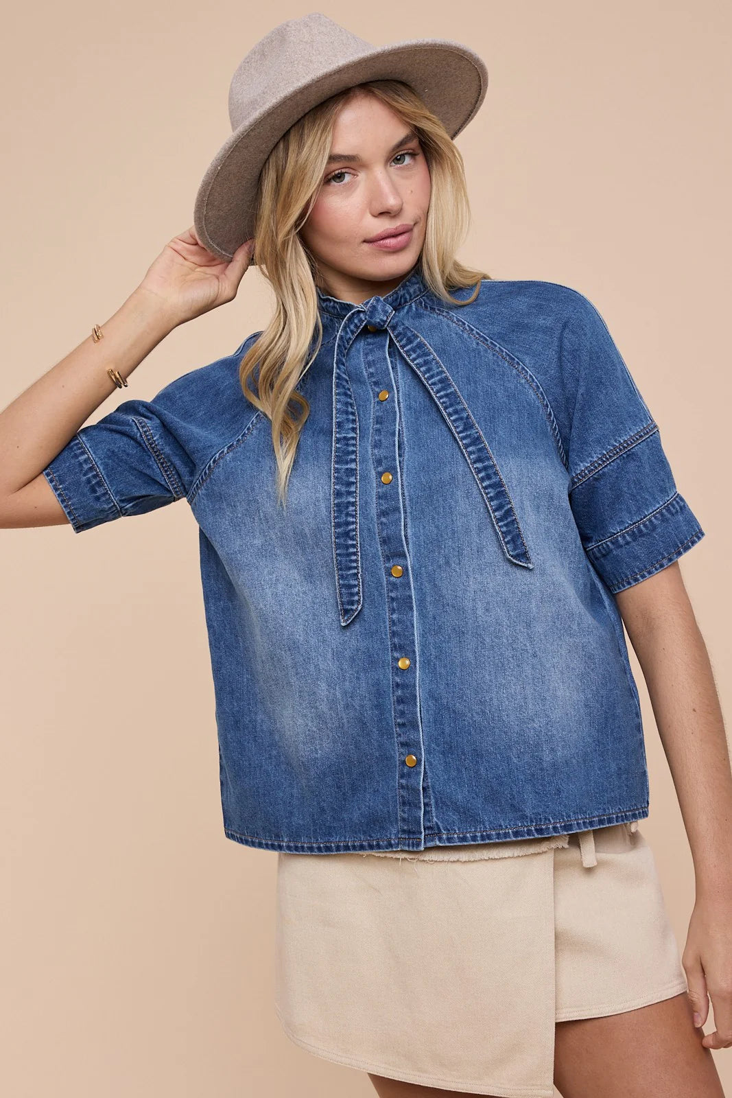 Tie-Neck Button Down Boxy Shirt - Washed Denim