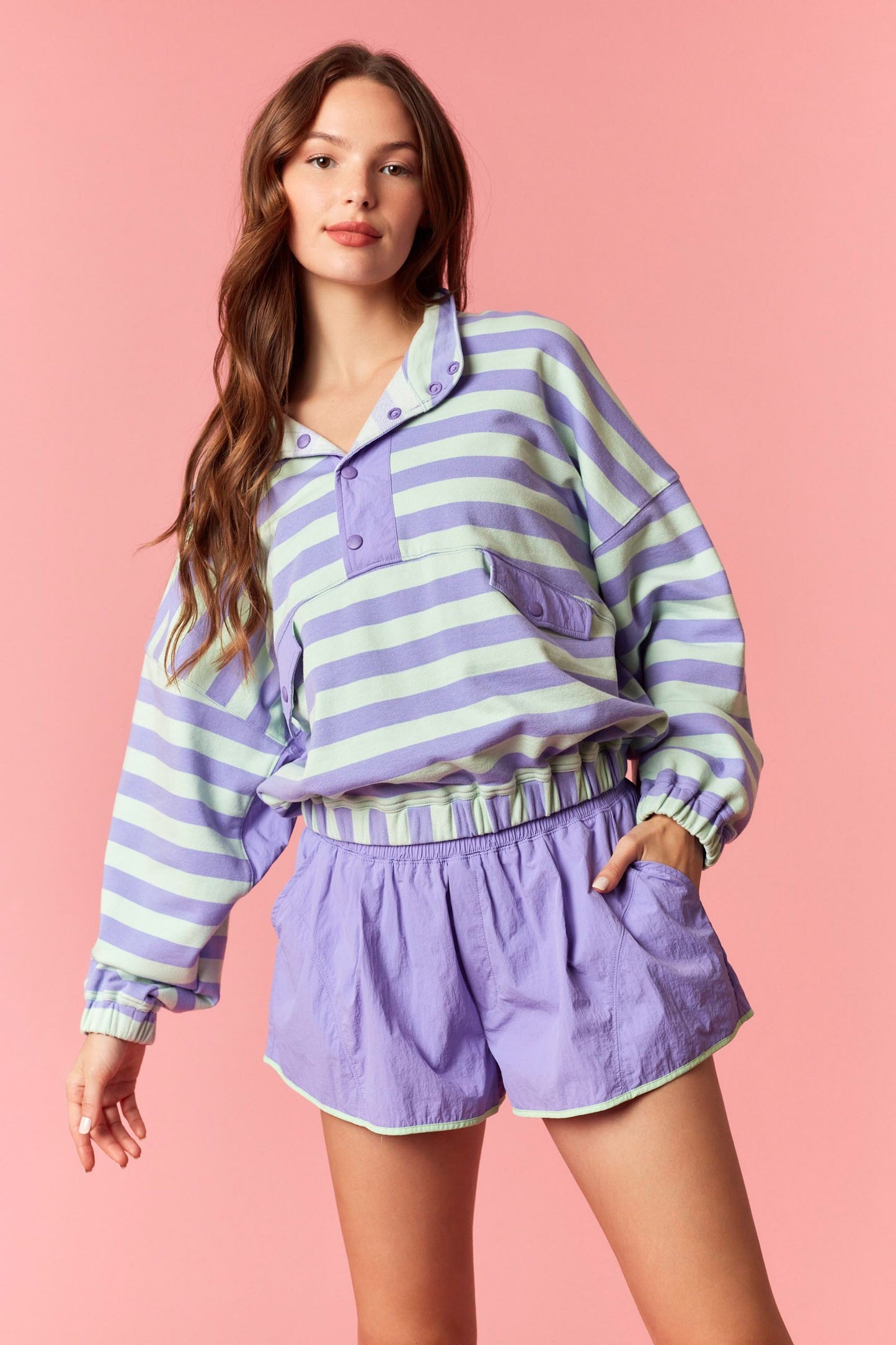 Stripe French Terry Semi Button Up Top - Purple/Mint